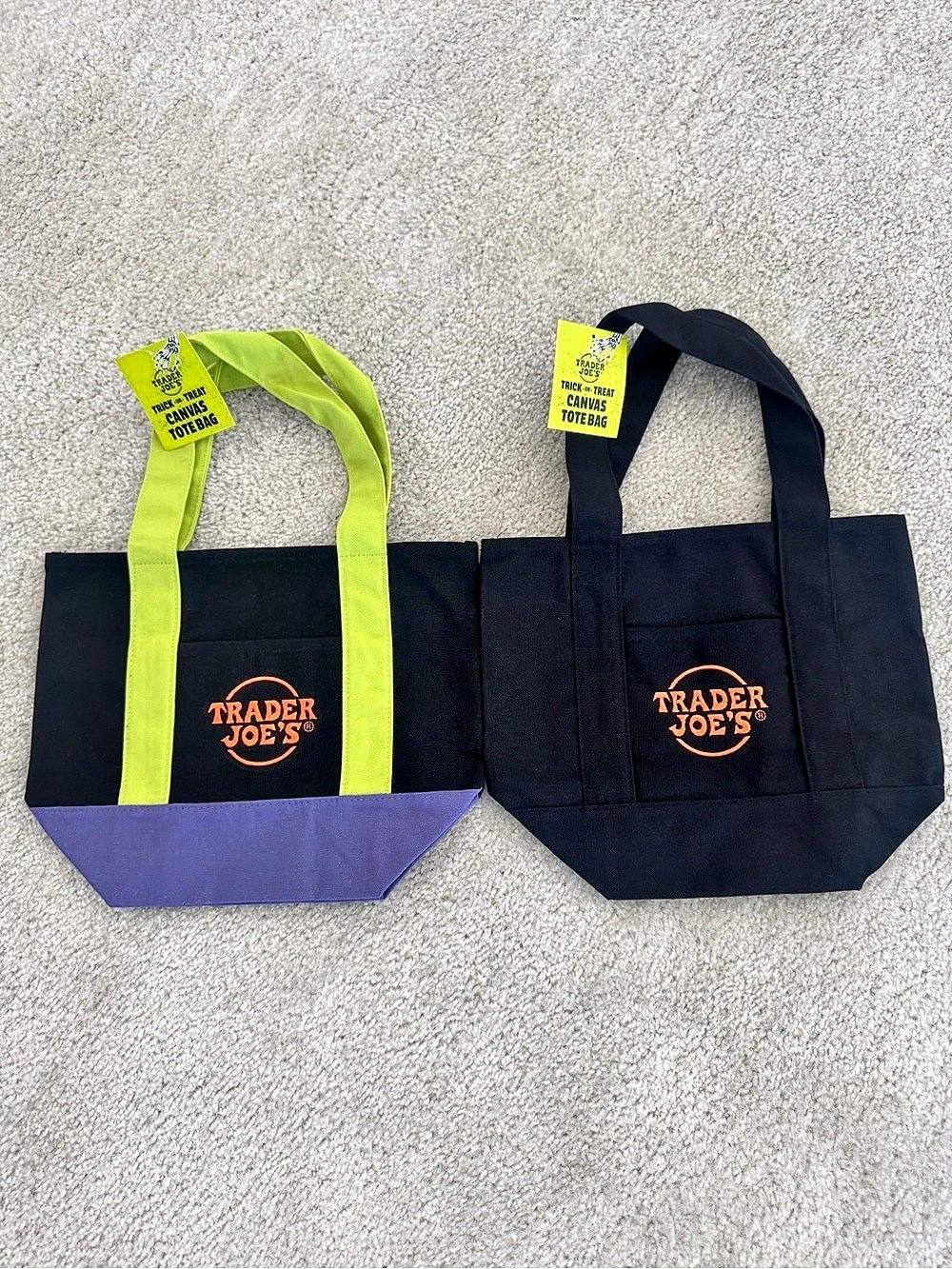 Trader Joe's Trick-or-Treat Mini Canvas Totes - (1) Black & (1)Black/Green - NWT
